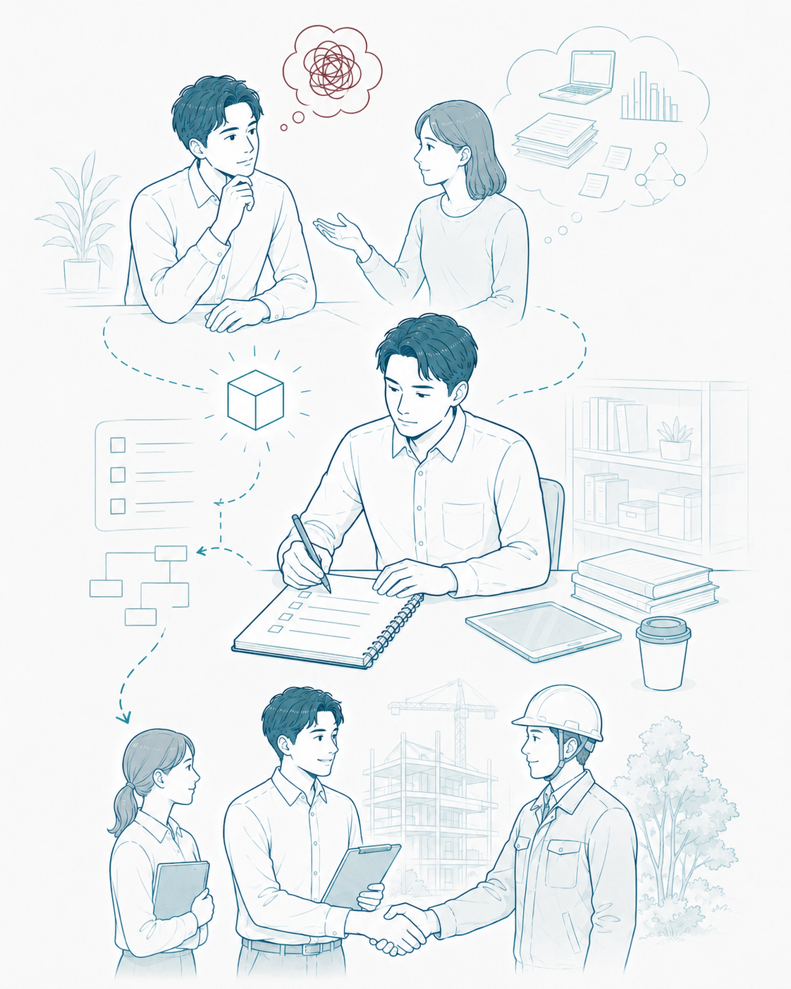 話し合い、整理、現場での実行へと進む流れを表した挿絵